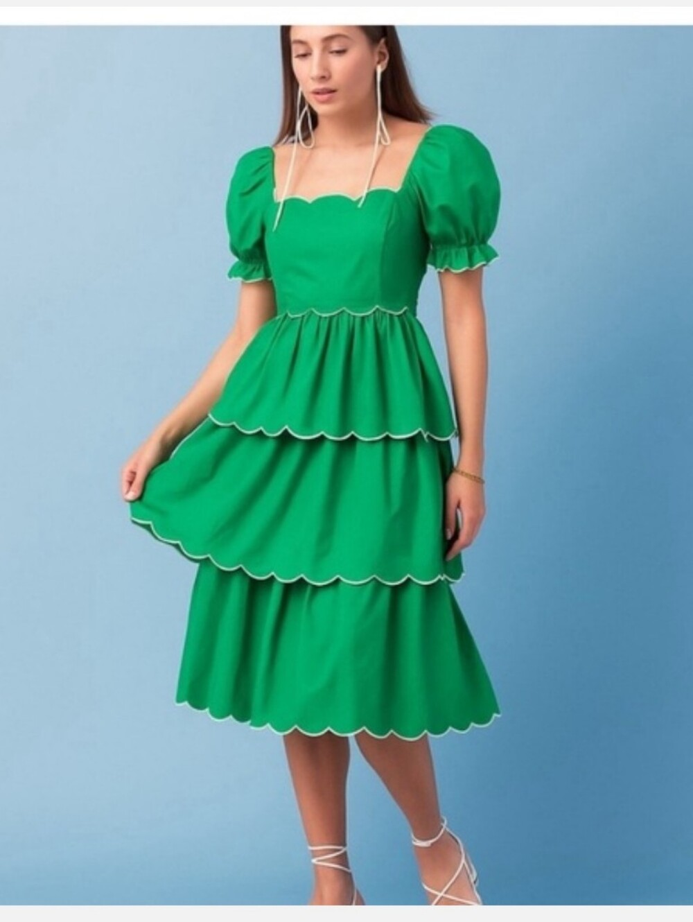 ENGLISH FACTORY Green Scallop Tiered Maxi Dress Small NWT Puff Tiered Midi Med